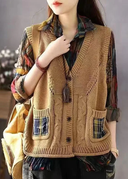 Mid - length women's down coats in a slim fit for a modern and sleek appearanceFrench Khaki V Neck Button Pockets Cotton Knit Waistcoat Sleeveless Mid - length women's down coats in a slim fit for a modern and sleek appearanceFrench Khaki V Neck Button Pockets Cotton Knit Waistcoat Sleeveless