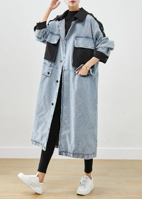 Women's faux fur coats in bright colors for a bold fashion statementFrench Light Blue Peter Pan Collar Patchwork Pockets Denim Coats Fall Women's faux fur coats in bright colors for a bold fashion statementFrench Light Blue Peter Pan Collar Patchwork Pockets Denim Coats Fall