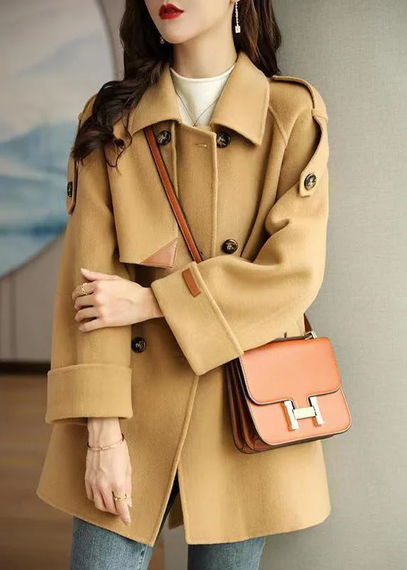 Women's pea coats with brass buttons for a nautical - inspired styleFrench Light Camel Peter Pan Collar Double Breast Woolen Coats Fall