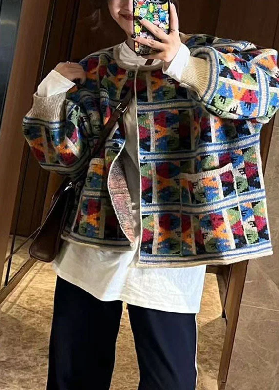 Women's long - sleeve wool coats in a houndstooth pattern for a classic charmFrench Multicolor O-Neck Print Cotton Knit Coat Fall Women's long - sleeve wool coats in a houndstooth pattern for a classic charmFrench Multicolor O-Neck Print Cotton Knit Coat Fall
