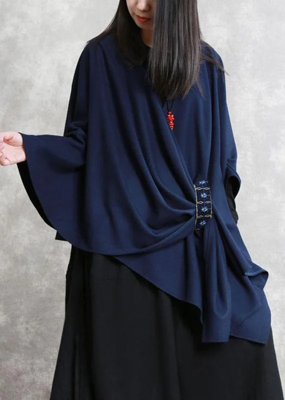 Women's pea coats with brass buttons for a nautical - inspired styleFrench Navy Embroideried Asymmetrical Design Fall Cloak Sleeves Coat Women's pea coats with brass buttons for a nautical - inspired styleFrench Navy Embroideried Asymmetrical Design Fall Cloak Sleeves Coat