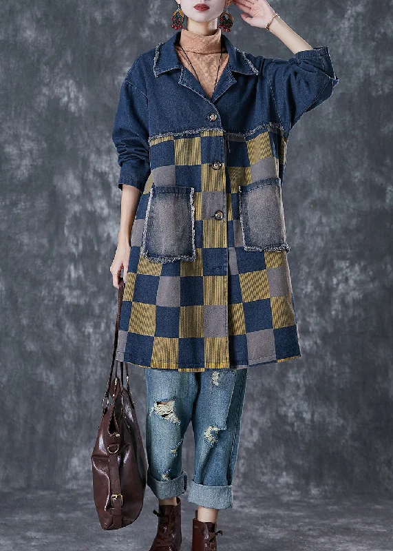 Water - resistant women's trench coats with adjustable cuffs for rainy daysFrench Navy Oversized Patchwork Plaid Denim Coats Fall Water - resistant women's trench coats with adjustable cuffs for rainy daysFrench Navy Oversized Patchwork Plaid Denim Coats Fall