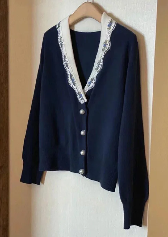 Women's cropped leather coats with silver studs for an edgy lookFrench Navy V Neck Button Patchwork Knit Coats Long Sleeve Women's cropped leather coats with silver studs for an edgy lookFrench Navy V Neck Button Patchwork Knit Coats Long Sleeve