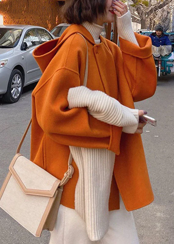 Shearling - lined women's leather coats for ultimate warmth and luxuryFrench Orange Patchwork Woolen Hooded Coat Fall Shearling - lined women's leather coats for ultimate warmth and luxuryFrench Orange Patchwork Woolen Hooded Coat Fall