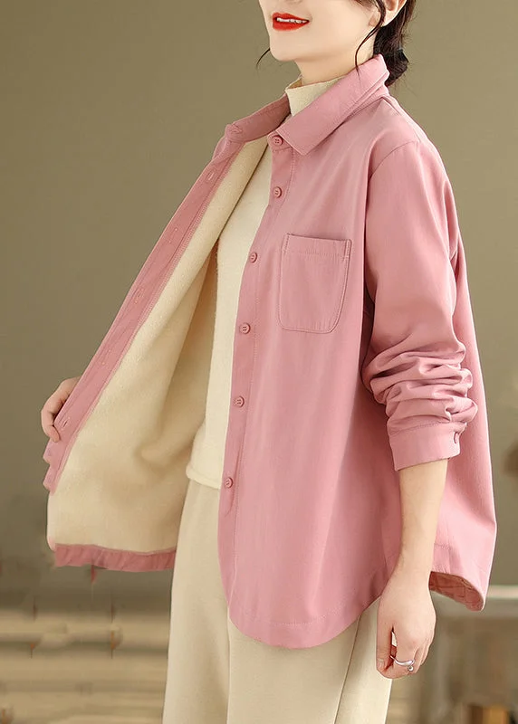 Women's pea coats with brass buttons for a nautical - inspired styleFrench Pink Oversized Pockets Fleece Wool Lined Coats Winter Women's pea coats with brass buttons for a nautical - inspired styleFrench Pink Oversized Pockets Fleece Wool Lined Coats Winter