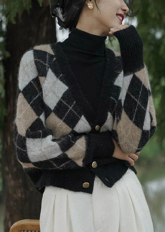 Plus size women's wool blend coats for a warm and stylish winterFrench Plaid V Neck Button Patchwork Knit Coats Long Sleeve Plus size women's wool blend coats for a warm and stylish winterFrench Plaid V Neck Button Patchwork Knit Coats Long Sleeve