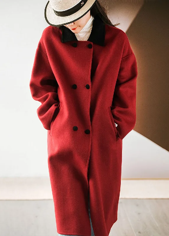 Women's reversible down coats with two - tone designs for versatile stylingFrench Red Colorblock Peter Pan Collar Patchwork Double Breast Woolen Coats Winter Women's reversible down coats with two - tone designs for versatile stylingFrench Red Colorblock Peter Pan Collar Patchwork Double Breast Woolen Coats Winter