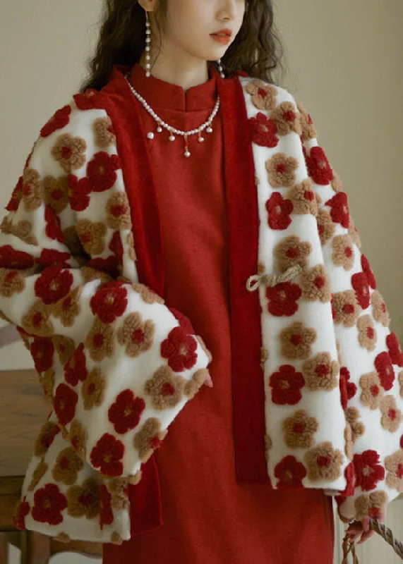Women's pea coats with brass buttons for a nautical - inspired styleFrench Red V Neck Floral Warm Coat Winter Women's pea coats with brass buttons for a nautical - inspired styleFrench Red V Neck Floral Warm Coat Winter