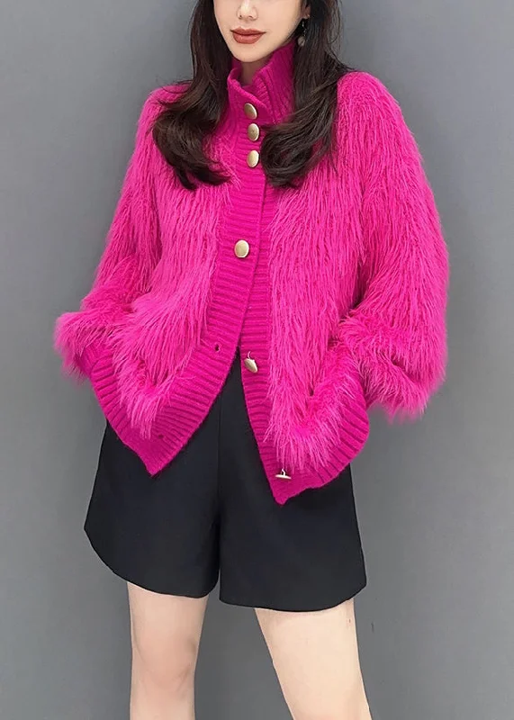 Checkered women's wool coats in a classic pattern for a timeless styleFrench Rose Stand Collar Button Mink Hair Knitted Coats Fall Checkered women's wool coats in a classic pattern for a timeless styleFrench Rose Stand Collar Button Mink Hair Knitted Coats Fall