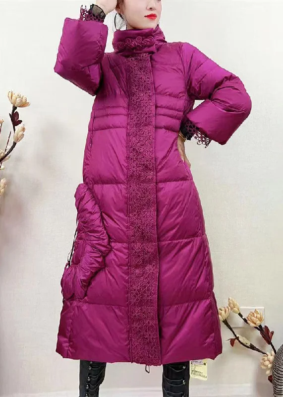 Women's reversible down coats with two - tone designs for versatile stylingFrench Rose Zippered Lace Patchwork Duck Down Long Coat Winter Women's reversible down coats with two - tone designs for versatile stylingFrench Rose Zippered Lace Patchwork Duck Down Long Coat Winter
