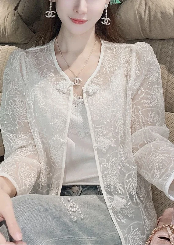 Women's pea coats with brass buttons for a nautical - inspired styleFrench White Embroidered Button Sequins Lace Coat Summer