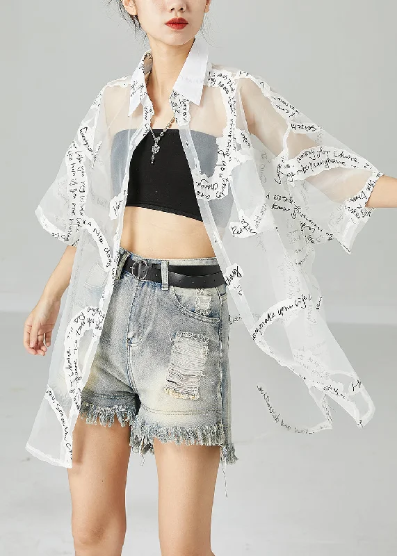 Women's longline double - breasted camel coats for a sophisticated lookFrench White Oversized Letter Print Tulle UPF 50+ Coat Jacket Summer Women's longline double - breasted camel coats for a sophisticated lookFrench White Oversized Letter Print Tulle UPF 50+ Coat Jacket Summer