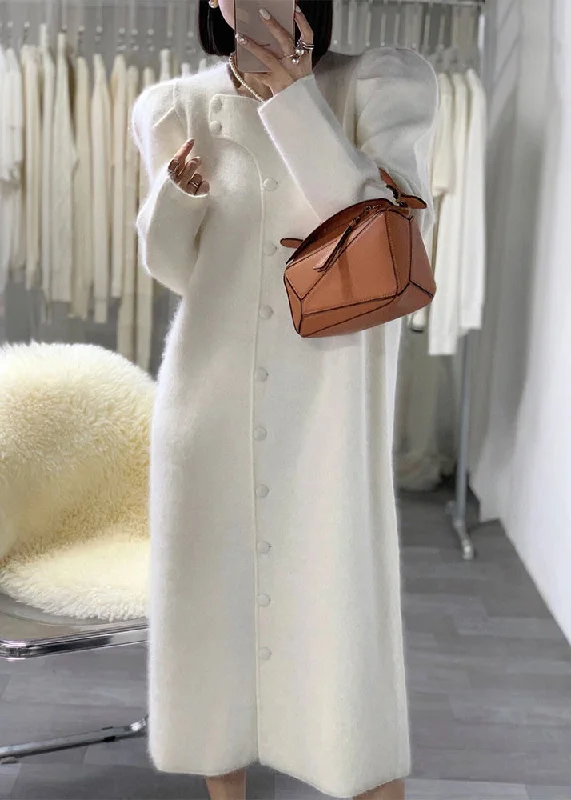 Women's long - sleeve wool coats in a houndstooth pattern for a classic charmFrench White Puff Sleeve Button Patchwork Woolen Coat Winter Women's long - sleeve wool coats in a houndstooth pattern for a classic charmFrench White Puff Sleeve Button Patchwork Woolen Coat Winter