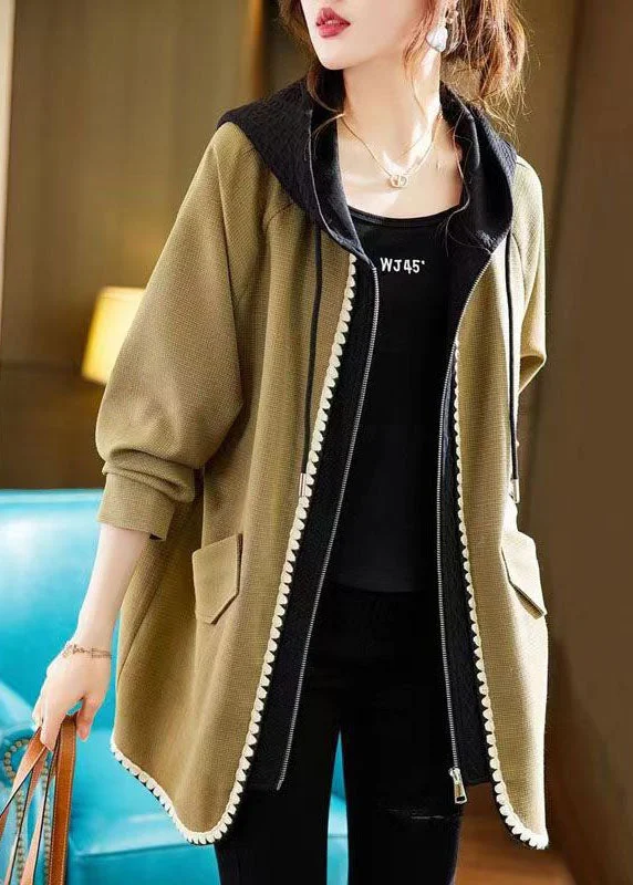 Women's long - sleeve wool coats in a houndstooth pattern for a classic charmFrench Yellow Zip Up Pockets Patchwork Cotton Hooded Coat Fall Women's long - sleeve wool coats in a houndstooth pattern for a classic charmFrench Yellow Zip Up Pockets Patchwork Cotton Hooded Coat Fall