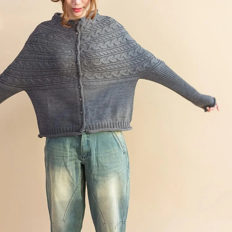 Women's pea coats with brass buttons for a nautical - inspired styleGray cable knit batwing sweater coat oversized knitwear cotton short knitted tops