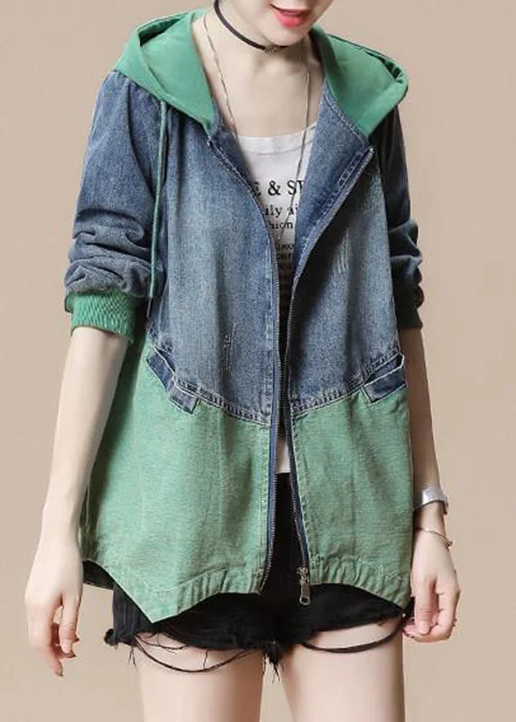 Embroidered women's cotton coats in a bohemian pattern for a unique designGreen Drawstring Pockets Hoodie Denim Coat Long Sleeve Embroidered women's cotton coats in a bohemian pattern for a unique designGreen Drawstring Pockets Hoodie Denim Coat Long Sleeve