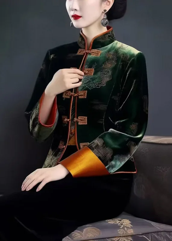 Women's cropped leather coats with silver studs for an edgy lookGreen Embroidered Button Patchwork Silk Coat Fall Women's cropped leather coats with silver studs for an edgy lookGreen Embroidered Button Patchwork Silk Coat Fall