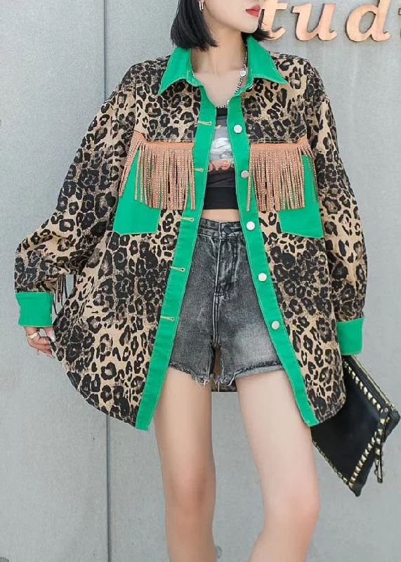 Plus size women's wool blend coats for a warm and stylish winterGreen Leopard Patchwork Denim Coat Tasseled Button Spring Plus size women's wool blend coats for a warm and stylish winterGreen Leopard Patchwork Denim Coat Tasseled Button Spring