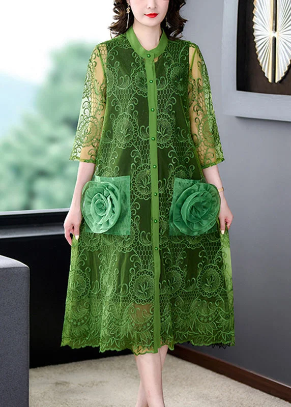 Mid - length women's down coats in a slim fit for a modern and sleek appearanceGreen O-Neck Lace Patchwork Button Tulle Maxi Coats Summer Mid - length women's down coats in a slim fit for a modern and sleek appearanceGreen O-Neck Lace Patchwork Button Tulle Maxi Coats Summer