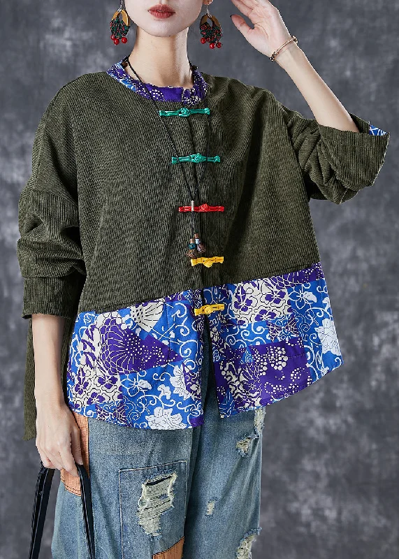Women's faux fur coats in bright colors for a bold fashion statementGreen Patchwork Corduroy Coats Chinese Button Fall Women's faux fur coats in bright colors for a bold fashion statementGreen Patchwork Corduroy Coats Chinese Button Fall