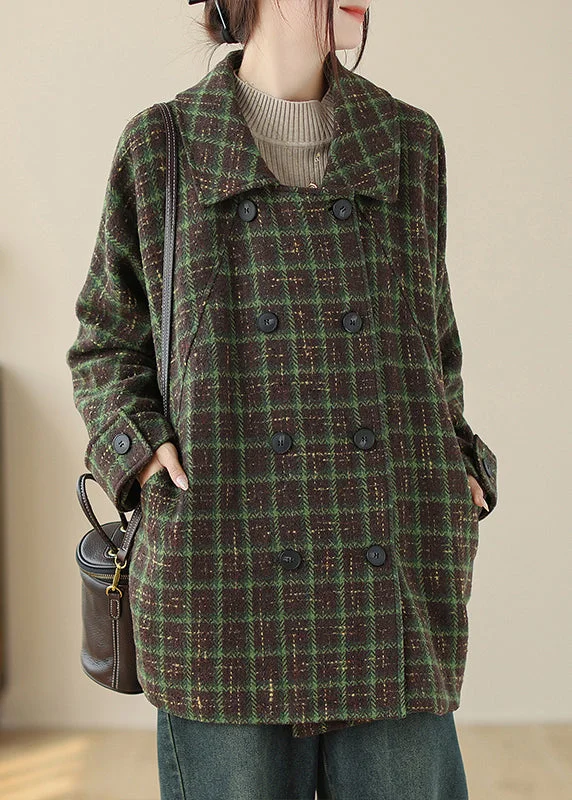 Shearling - lined women's leather coats for ultimate warmth and luxuryGreen Pockets Plaid Woolen Coat Peter Pan Collar Double Breast Fall Shearling - lined women's leather coats for ultimate warmth and luxuryGreen Pockets Plaid Woolen Coat Peter Pan Collar Double Breast Fall
