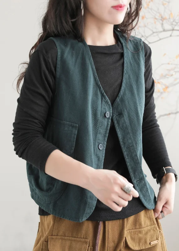 Embroidered women's cotton coats in a bohemian pattern for a unique designGreen V Neck Button Pockets Waistcoat Sleeveless Embroidered women's cotton coats in a bohemian pattern for a unique designGreen V Neck Button Pockets Waistcoat Sleeveless