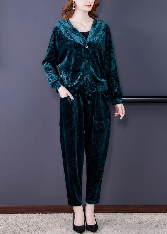 Women's long - sleeve wool coats in a houndstooth pattern for a classic charmGreen Zip Up Silk Velour Coats And Harem Pants Two Pieces Set Long Sleeve Women's long - sleeve wool coats in a houndstooth pattern for a classic charmGreen Zip Up Silk Velour Coats And Harem Pants Two Pieces Set Long Sleeve