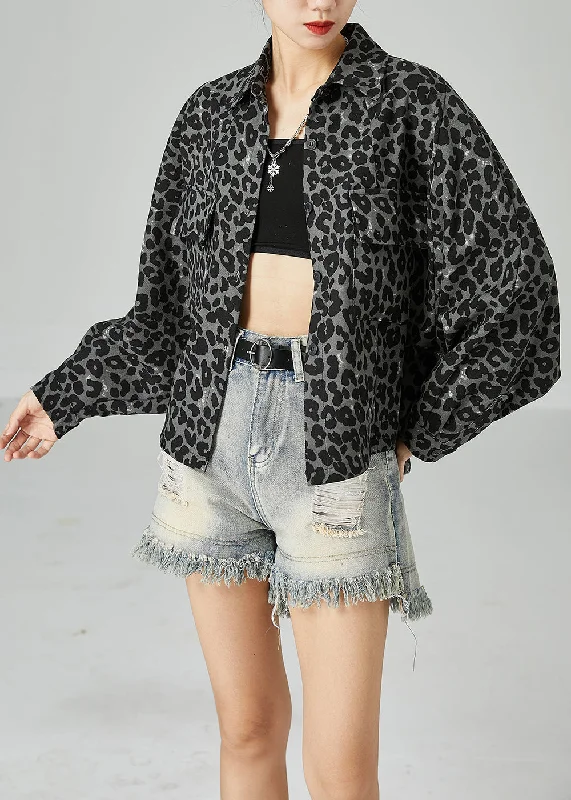 Women's reversible down coats with two - tone designs for versatile stylingGrey Leopard Print Cotton Coats Peter Pan Collar Pocket Batwing Sleeve Women's reversible down coats with two - tone designs for versatile stylingGrey Leopard Print Cotton Coats Peter Pan Collar Pocket Batwing Sleeve