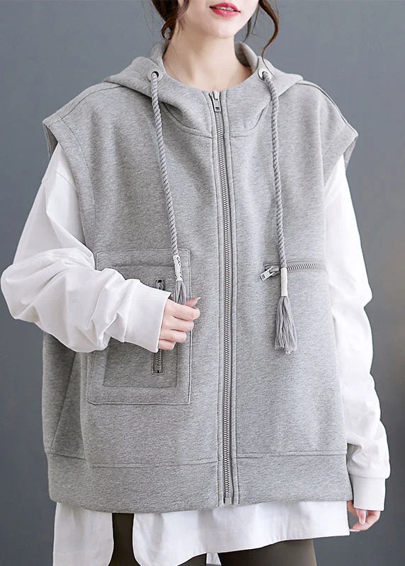 Water - resistant women's trench coats with adjustable cuffs for rainy daysGrey Zippered Drawstring Hooded Waistcoat Sleevele Water - resistant women's trench coats with adjustable cuffs for rainy daysGrey Zippered Drawstring Hooded Waistcoat Sleevele