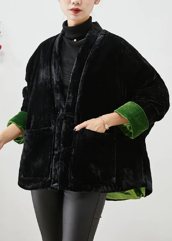 Embroidered women's cotton coats in a bohemian pattern for a unique designHandmade Black Chinese Button Thick Cotton Filled Silk Velour Coats Winter Embroidered women's cotton coats in a bohemian pattern for a unique designHandmade Black Chinese Button Thick Cotton Filled Silk Velour Coats Winter