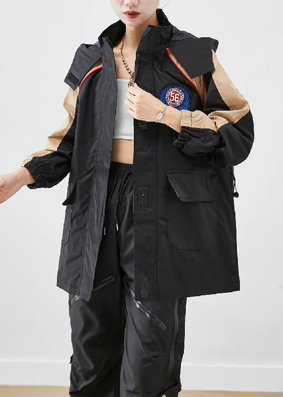 Water - resistant women's trench coats with adjustable cuffs for rainy daysHandmade Black Hooded Patchwork Applique Spandex Jacket Fall Water - resistant women's trench coats with adjustable cuffs for rainy daysHandmade Black Hooded Patchwork Applique Spandex Jacket Fall