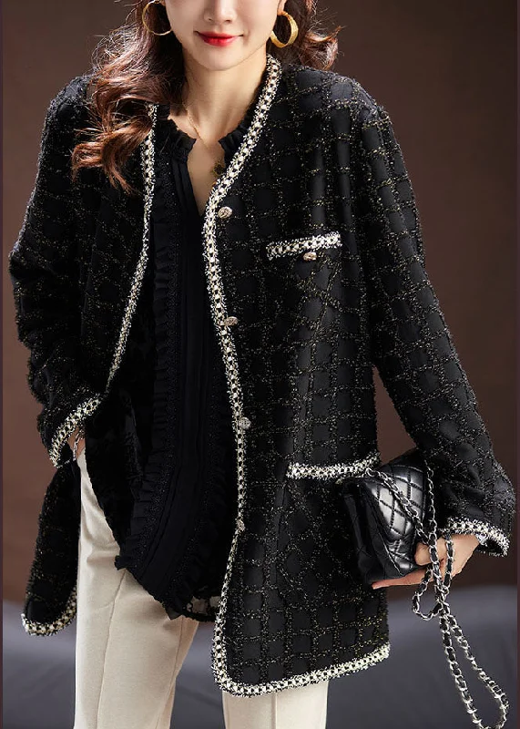 Women's pea coats with brass buttons for a nautical - inspired styleHandmade Black O-Neck Pockets Plaid Patchwork Knit Coats Long Sleeve