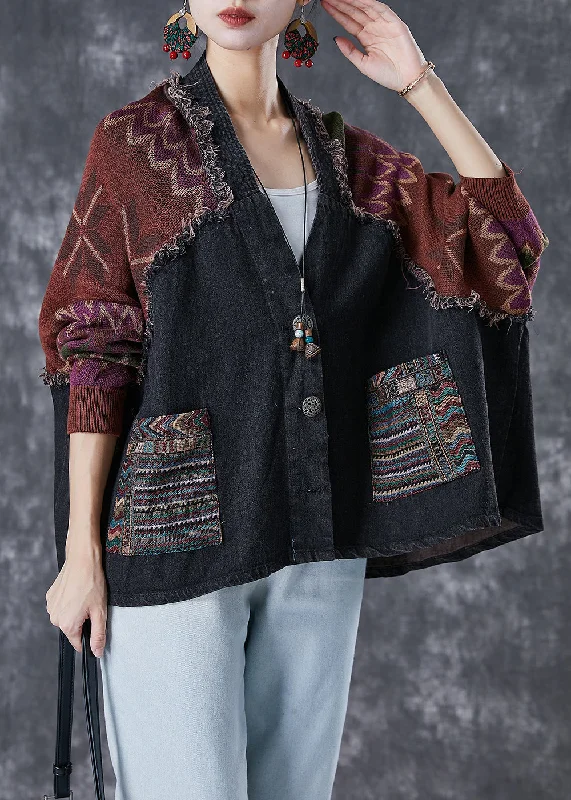 Women's waterproof parka coats with multiple pockets for practicalityHandmade Black Oversized Patchwork Knit Denim Jackets Fall Women's waterproof parka coats with multiple pockets for practicalityHandmade Black Oversized Patchwork Knit Denim Jackets Fall