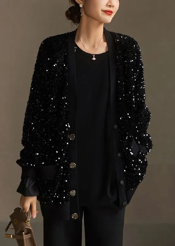 Women's longline double - breasted camel coats for a sophisticated lookHandmade Black Sequins Button Pockets Cotton Coat Spring Women's longline double - breasted camel coats for a sophisticated lookHandmade Black Sequins Button Pockets Cotton Coat Spring