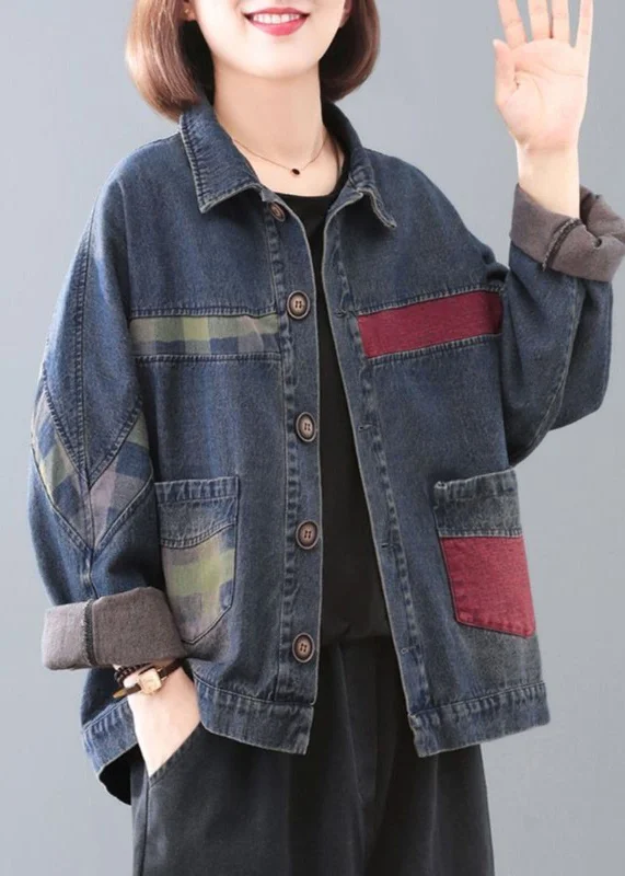 Women's cropped leather coats with silver studs for an edgy lookHandmade Blue Peter Pan Collar Pockets Patchwork Button Denim Coats Long Sleeve Women's cropped leather coats with silver studs for an edgy lookHandmade Blue Peter Pan Collar Pockets Patchwork Button Denim Coats Long Sleeve