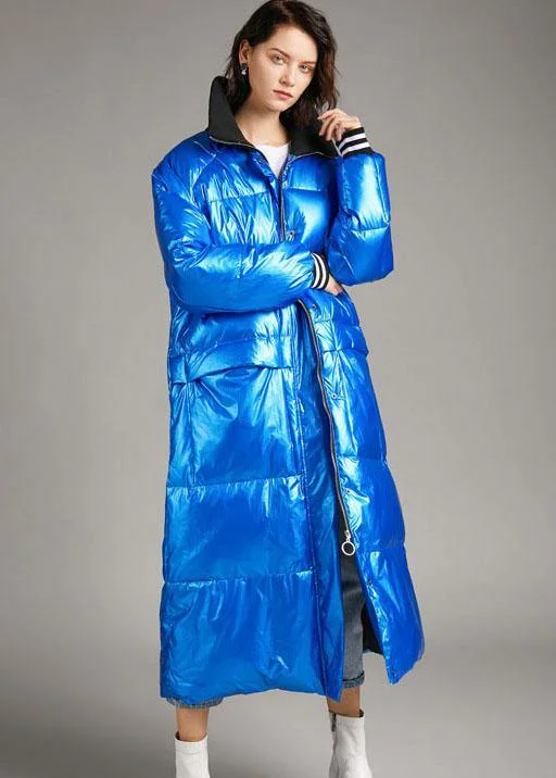 Mid - length women's down coats in a slim fit for a modern and sleek appearanceHandmade Blue Stand Collar Winter Duck Down Coats Mid - length women's down coats in a slim fit for a modern and sleek appearanceHandmade Blue Stand Collar Winter Duck Down Coats