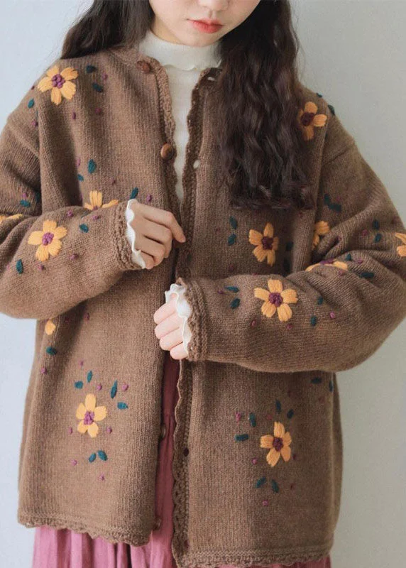 Oversized women's wool coats in a monochromatic look for a trendy outfitHandmade Coffee Embroideried Floral Lace Patchwork Cotton Knit Coats Long Sleeve