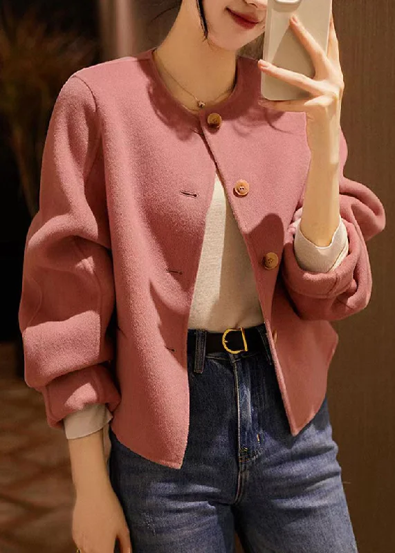Shearling - lined women's leather coats for ultimate warmth and luxuryHandmade Pink O Neck Button Patchwork Woolen Coats Winter Shearling - lined women's leather coats for ultimate warmth and luxuryHandmade Pink O Neck Button Patchwork Woolen Coats Winter
