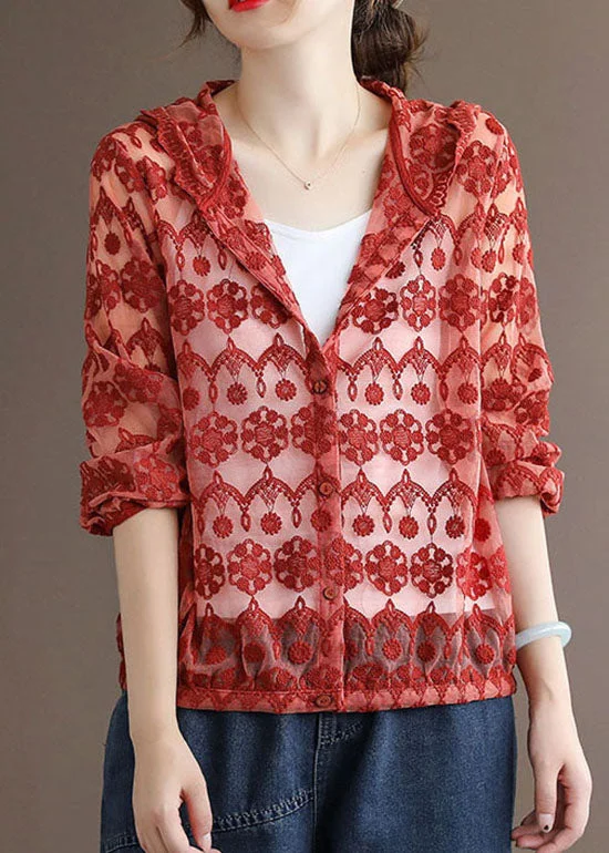 Long women's mac coats in a lightweight fabric for spring showersHandmade Red Embroideried Patchwork Cotton Hooded Coat Long Sleeve Long women's mac coats in a lightweight fabric for spring showersHandmade Red Embroideried Patchwork Cotton Hooded Coat Long Sleeve