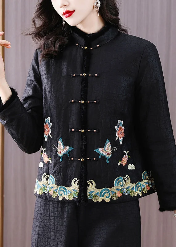 Plus size women's wool blend coats for a warm and stylish winterHandmade Vintage Black Embroidered Fine Cotton Filled Jacket Winter Plus size women's wool blend coats for a warm and stylish winterHandmade Vintage Black Embroidered Fine Cotton Filled Jacket Winter