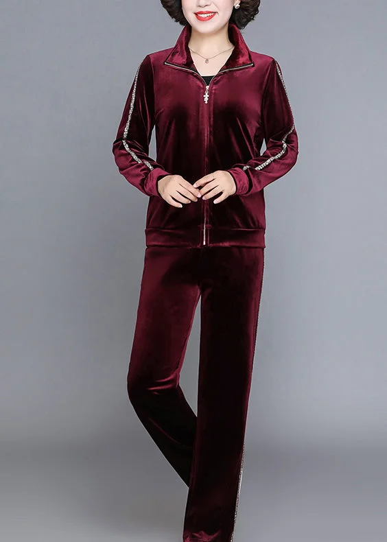 Mid - length women's down coats in a slim fit for a modern and sleek appearanceHandmade Wine Red Stand Collar Zippered Silk Velour Coats And Straight Pants Two Piece Set Fall Mid - length women's down coats in a slim fit for a modern and sleek appearanceHandmade Wine Red Stand Collar Zippered Silk Velour Coats And Straight Pants Two Piece Set Fall