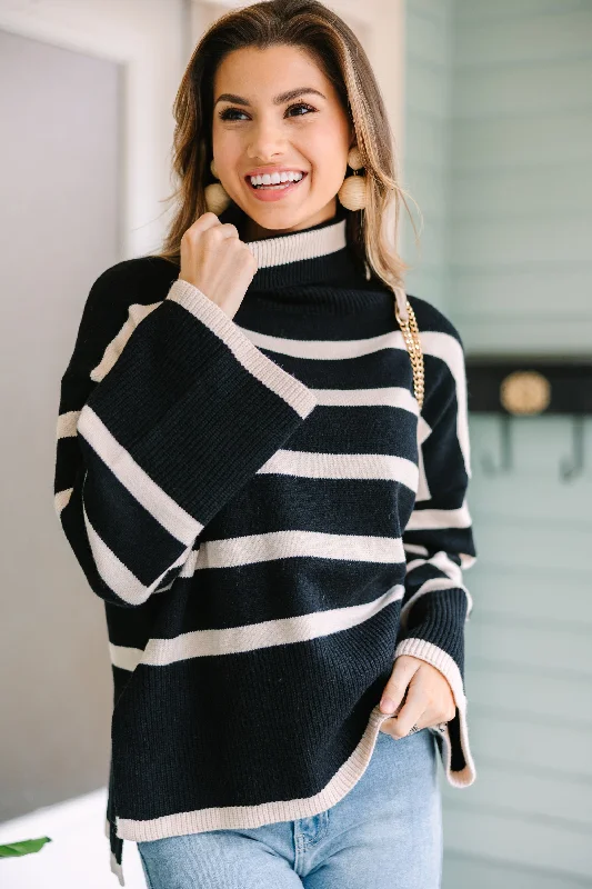 Split - Hem Women's Linen Blend Sweaters for SpringHave Your Fun Black Striped Turtleneck Sweater Split - Hem Women's Linen Blend Sweaters for SpringHave Your Fun Black Striped Turtleneck Sweater