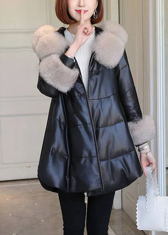 Shearling - lined women's leather coats for ultimate warmth and luxuryItalian Black Fur Collar Faux Leather Fine Cotton Filled Puffer Jacket Winter Shearling - lined women's leather coats for ultimate warmth and luxuryItalian Black Fur Collar Faux Leather Fine Cotton Filled Puffer Jacket Winter