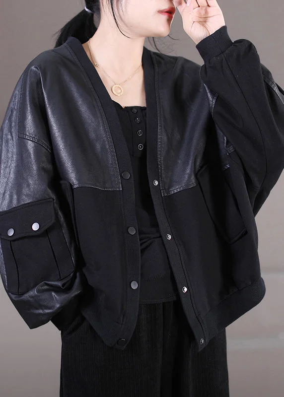 Women's longline double - breasted camel coats for a sophisticated lookItalian Black V Neck Button Pockets Faux Leather Patchwork Knit Coat Long Sleeve Women's longline double - breasted camel coats for a sophisticated lookItalian Black V Neck Button Pockets Faux Leather Patchwork Knit Coat Long Sleeve