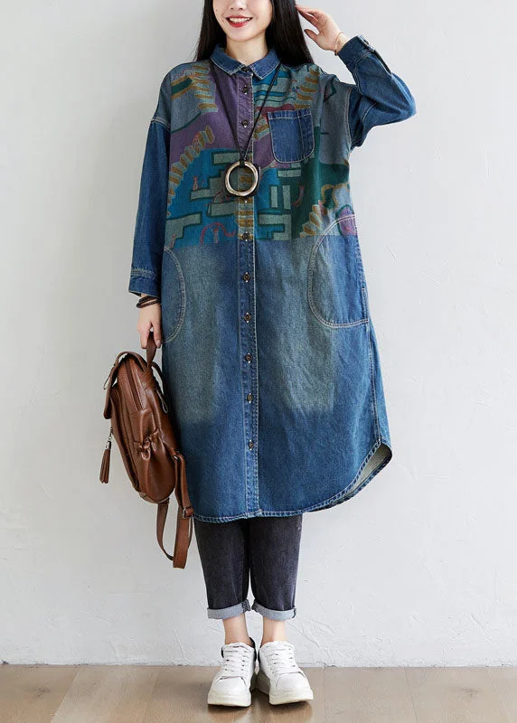 Oversized women's wool coats in a monochromatic look for a trendy outfitItalian Blue Peter Pan Collar Pockets Print Denim Coat Spring Oversized women's wool coats in a monochromatic look for a trendy outfitItalian Blue Peter Pan Collar Pockets Print Denim Coat Spring