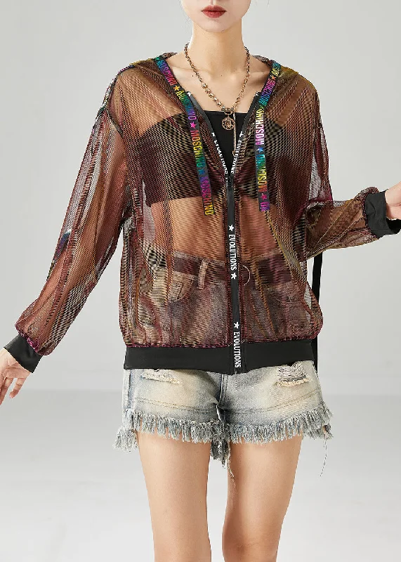 Mid - length women's down coats in a slim fit for a modern and sleek appearanceItalian Brown Hooded Patchwork Hollow Out Tulle Coats Fall Mid - length women's down coats in a slim fit for a modern and sleek appearanceItalian Brown Hooded Patchwork Hollow Out Tulle Coats Fall