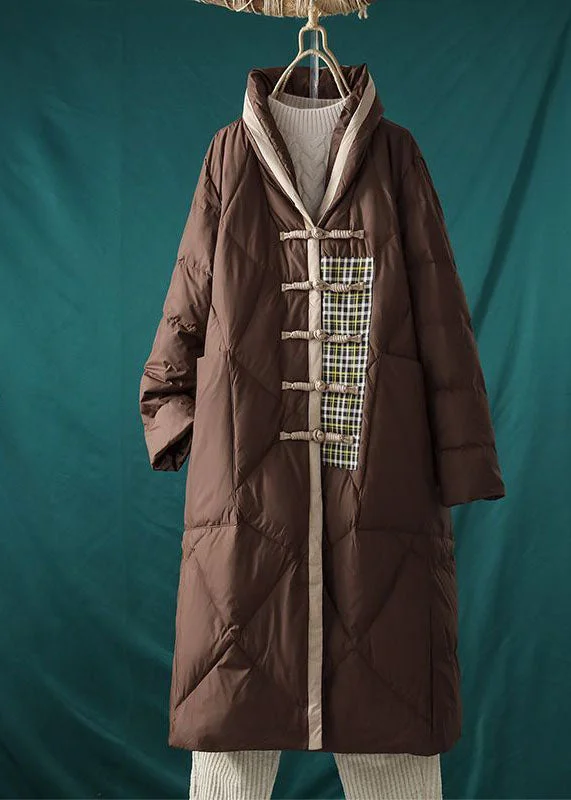 Women's pea coats with brass buttons for a nautical - inspired styleItalian Coffee Mandarin Collar Oversized Patchwork Duck Down Puffer Jacket Winter Women's pea coats with brass buttons for a nautical - inspired styleItalian Coffee Mandarin Collar Oversized Patchwork Duck Down Puffer Jacket Winter