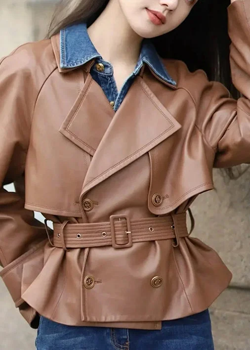 Checkered women's wool coats in a classic pattern for a timeless styleItalian Coffee Peter Pan Collar Tie Waist Faux Leather Coats Fall Checkered women's wool coats in a classic pattern for a timeless styleItalian Coffee Peter Pan Collar Tie Waist Faux Leather Coats Fall