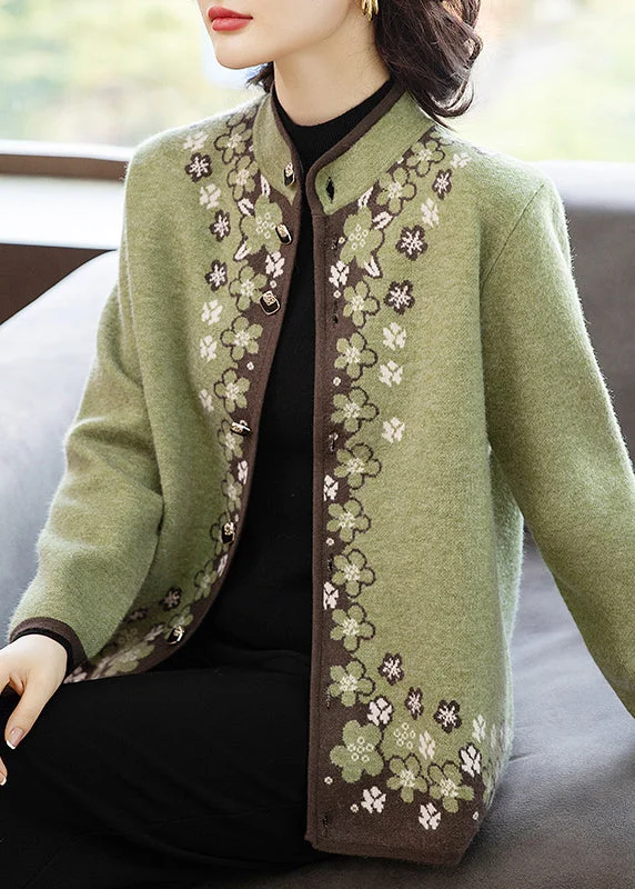 Water - resistant women's trench coats with adjustable cuffs for rainy daysItalian Green Button Print Patchwork Knit Coats Fall Water - resistant women's trench coats with adjustable cuffs for rainy daysItalian Green Button Print Patchwork Knit Coats Fall
