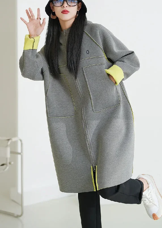 Women's pea coats with brass buttons for a nautical - inspired styleItalian Grey Hooded Pockets Side Open Cotton Coats Fall Women's pea coats with brass buttons for a nautical - inspired styleItalian Grey Hooded Pockets Side Open Cotton Coats Fall